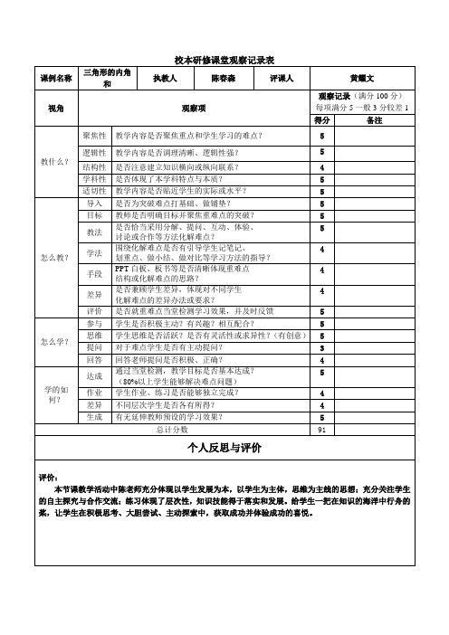 校本研修课堂观察记录表 (2)