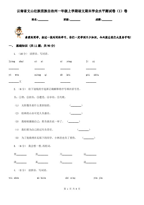 云南省文山壮族苗族自治州一年级上学期语文期末学业水平测试卷(I)卷