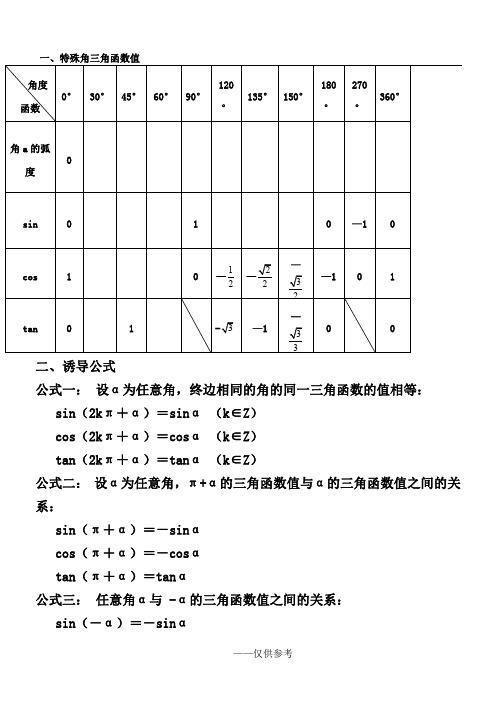 三角函数特殊角值表