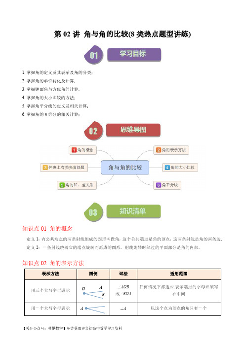 第02讲 角与角的比较(8类热点题型讲练)(原卷版)--初中数学北师大版7年级上册