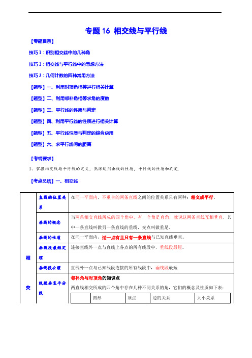 专题16 相交线与平行线(归纳与讲解)(原卷版)