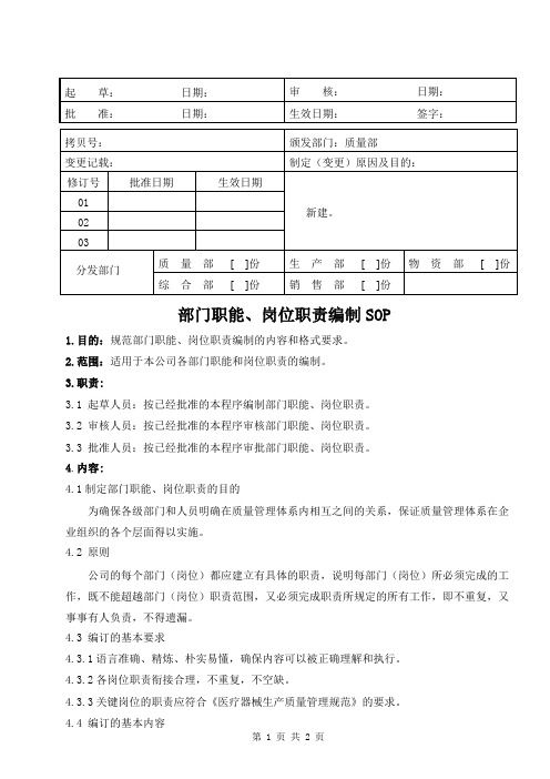 医疗器械公司 部门职能、岗位职责编制SOP