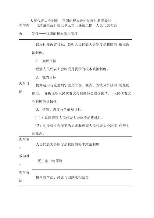 人教版高中政治必修二《人民代表大会制度：我国的根本政治制度》优质教学设计