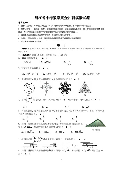 2020年浙江省中考数学黄金冲刺模拟试题(附答案)