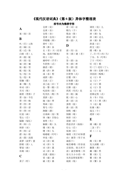 《现代汉语词典》(第6版)常见异体字整理