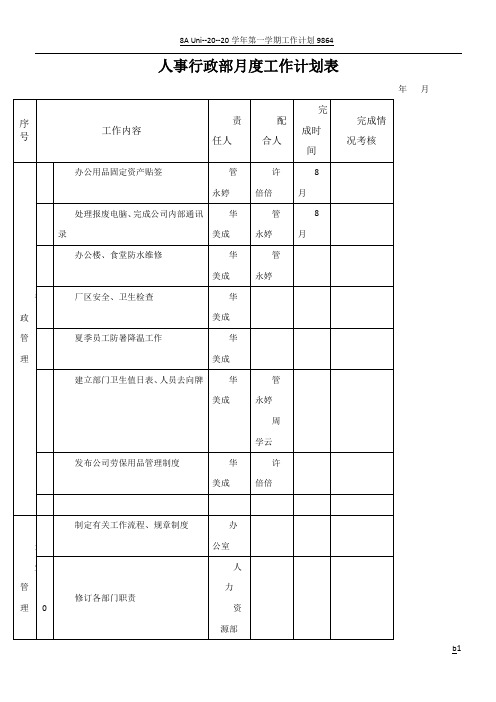 人事行政部月度工作计划表