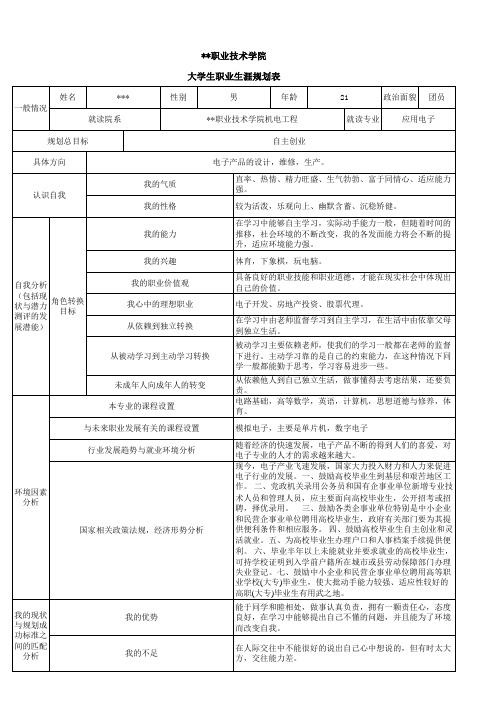 大学生职业生涯规划表  模板