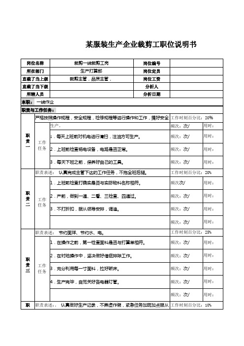 某服装生产企业裁剪工职位说明书