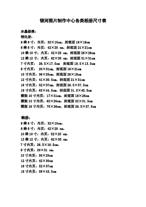 各类相册尺寸表