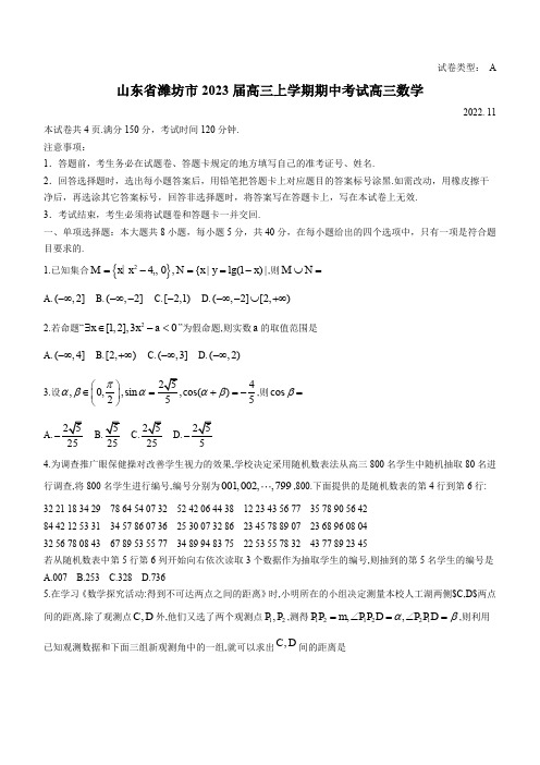 山东省潍坊市2023届高三上学期期中考试 数学试题(含解析)