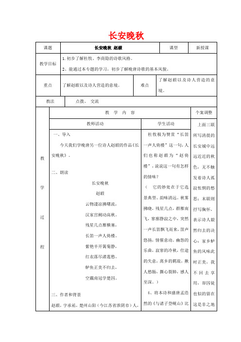 高中语文 专题六 长安晚秋教案 苏教版选修《唐诗宋词选读》-苏教版高二《唐诗宋词选读》语文教案