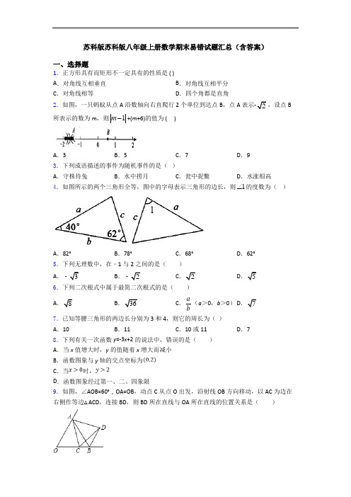 苏科版苏科版八年级上册数学期末易错试题汇总(含答案)