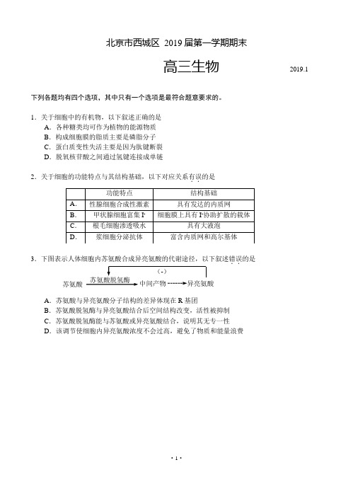 北京市西城区2019届第一学期期末试卷高三生物含答案