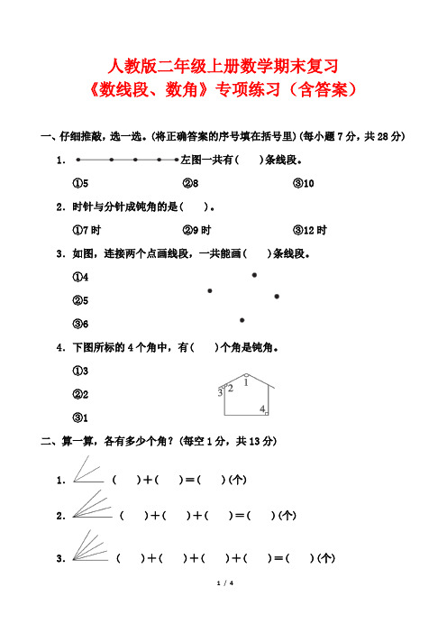 人教版二年级上册数学期末复习《数线段、数角》专项练习(含答案)