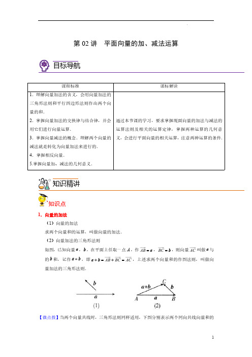 2024新人教A版高中数学第02讲 平面向量的加、减法运算(教师版)-高一数学同步精品讲义