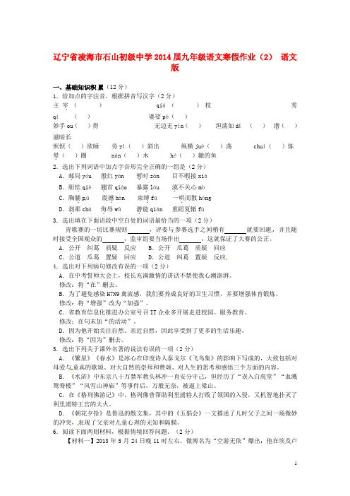 辽宁省凌海市石山初级中学九年级语文寒假作业(2)(无答案) 语文版