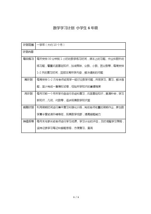 数学学习计划 小学生6年级