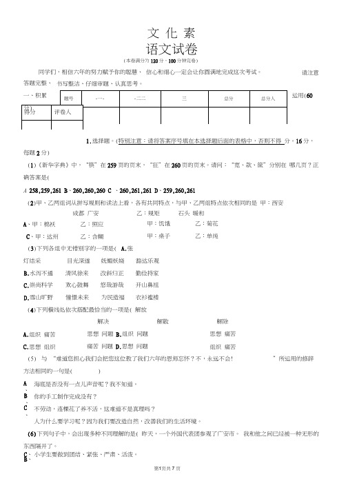 六年级下册语文试题-综合素质测试试卷人教部编版