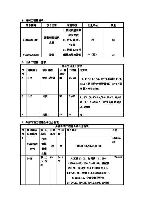 打桩工程例题(清单、计价工程量计算书、分析表、汇总表)