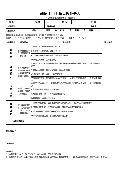 新入职员工月工作表现评分表