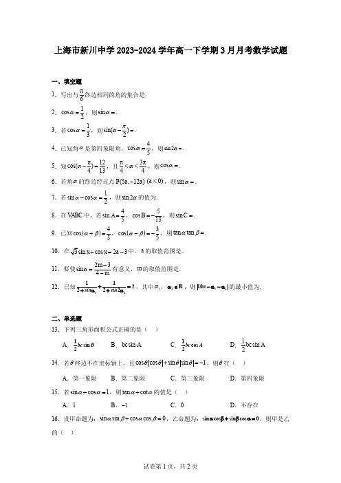 上海市新川中学2023-2024学年高一下学期3月月考数学试题