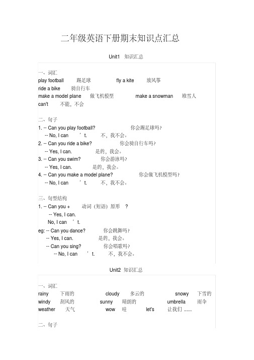 二年级英语下册期末知识点汇总(人教新起点)