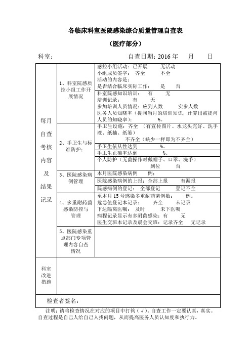 科室医院感染综合质量管理自查记录表  (医疗部分)Word 文档