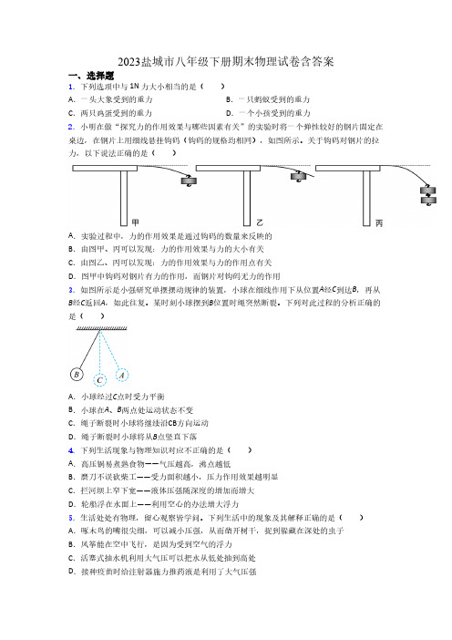 2023盐城市八年级下册期末物理试卷含答案