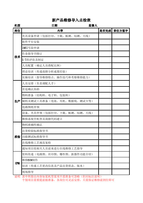新产品维修导入点检表