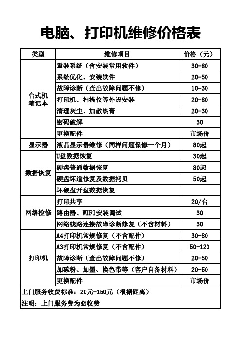 电脑、打印机维修价格表