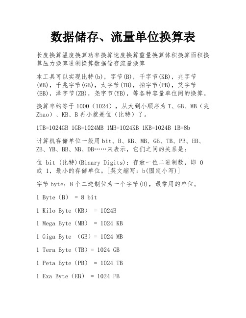 数据储存、流量单位换算表