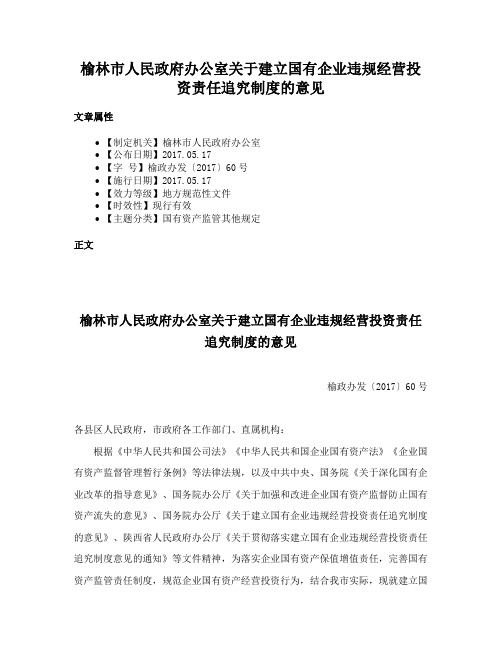 榆林市人民政府办公室关于建立国有企业违规经营投资责任追究制度的意见