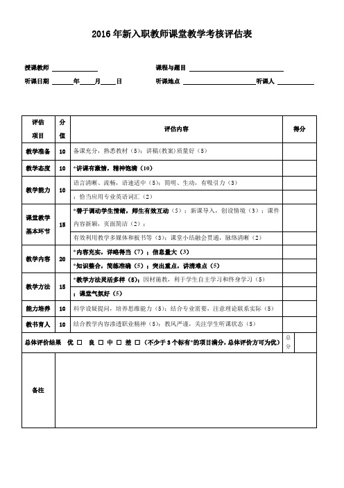 2016年新入职教师课堂教学考核评估表