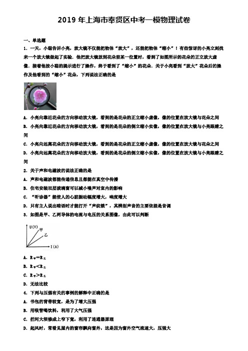 2019年上海市奉贤区中考一模物理试卷(含答案解析)