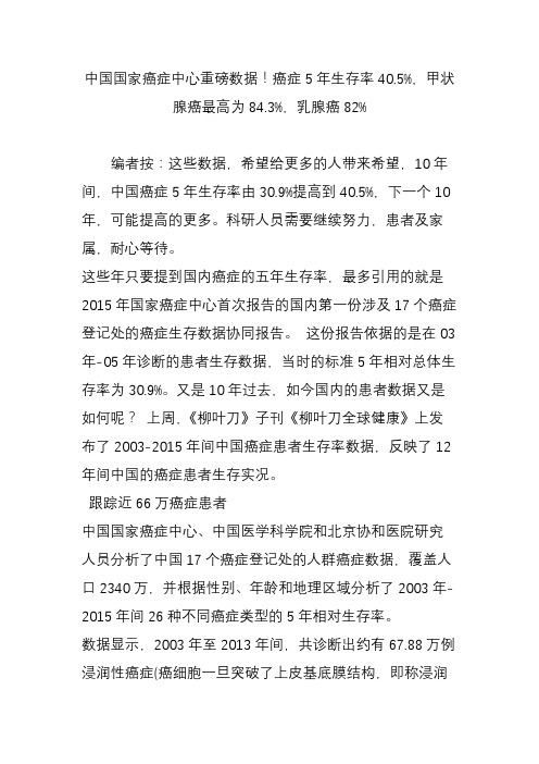 中国国家癌症中心重磅数据!癌症5年生存率40.5%,甲状腺癌最高为84.3%,乳腺癌82%