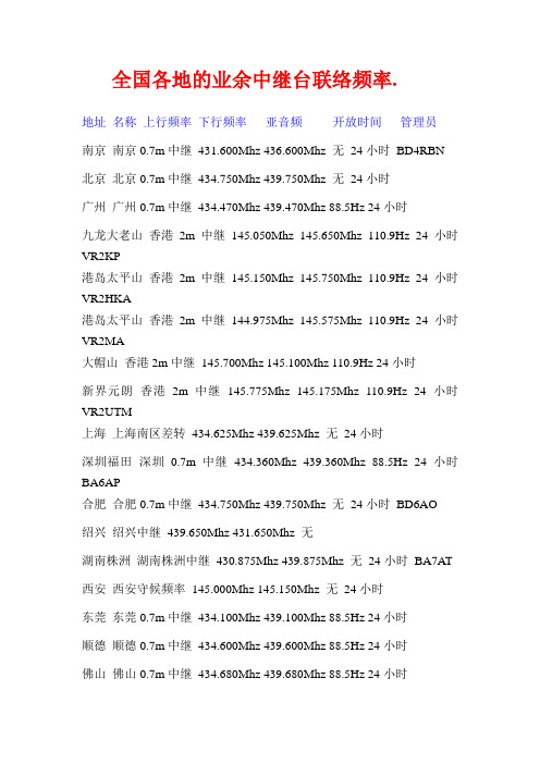 全国各地的业余中继台联络频率