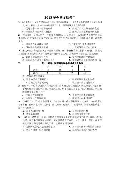 2015年全国文综卷1(有答案)