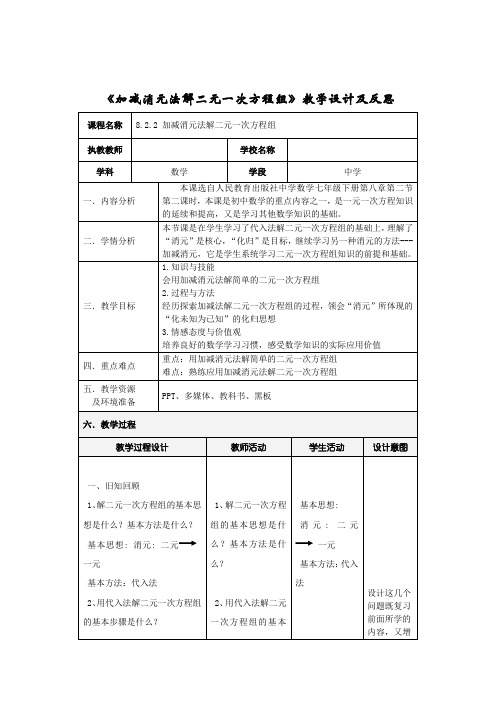 《加减消元法解二元一次方程组》教学设计及反思