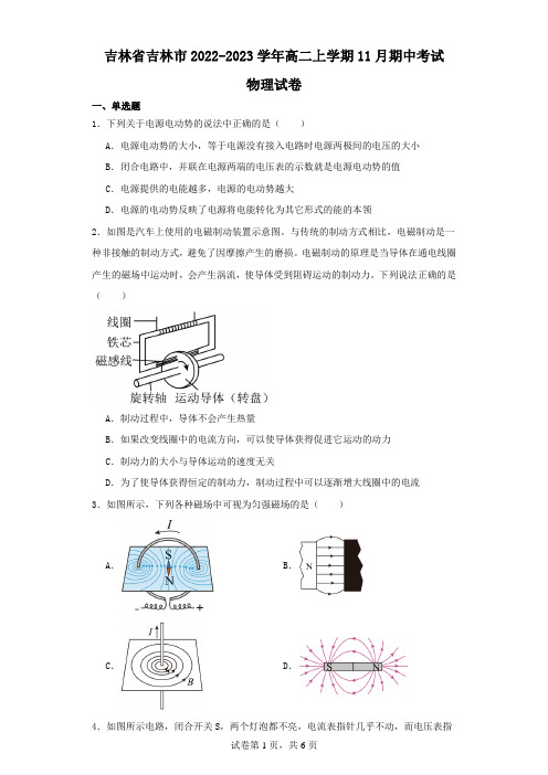 吉林省吉林市2022-2023学年高二上学期11月期中考试物理试卷(含解析)