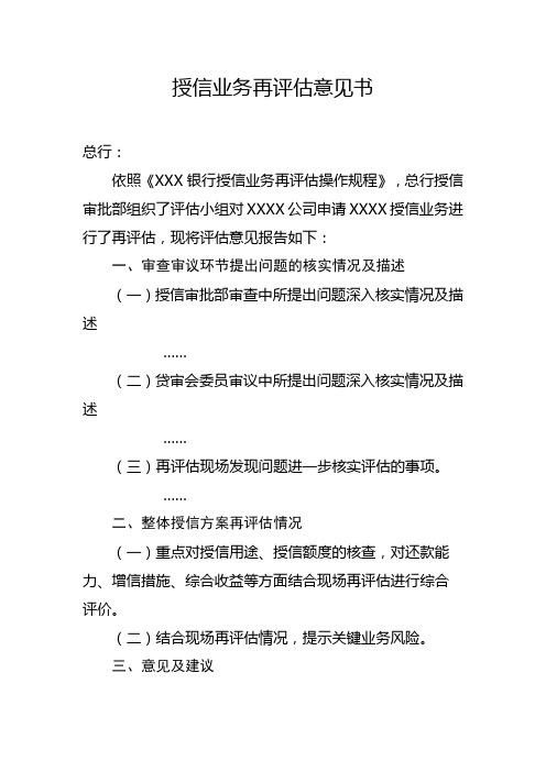 授信业务再评估报告模板