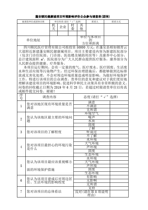 蓬安颐民健康城项目环境影响评价公众参与调查表(团体)