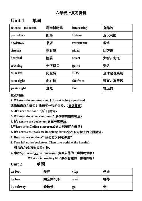 六年级上英语1-2 单元知识点