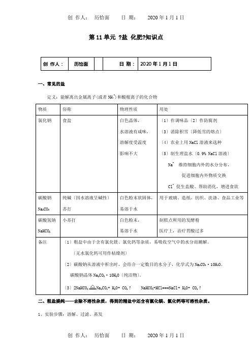 九年级化学 第十一单元 盐 化肥知识点总结课标 试题