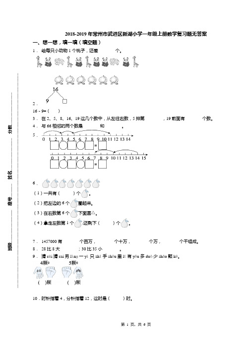 2018-2019年常州市武进区新湖小学一年级上册数学复习题无答案