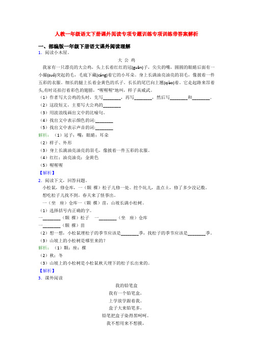 人教一年级语文下册课外阅读专项专题训练专项训练带答案解析