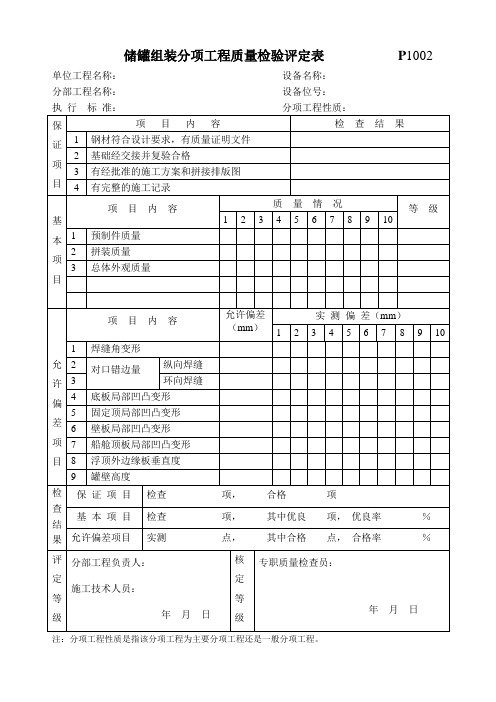 储罐组装分项工程质量检验评定表.