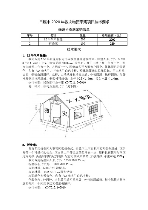 日照2020年救灾物资采购项目技术要求