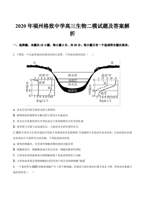 2020年福州格致中学高三生物二模试题及答案解析