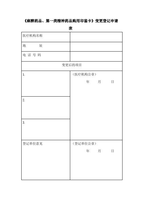 《麻醉药品、第一类精神药品购用印鉴卡》变更登记申请表【模板】