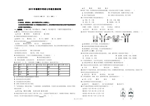 2019年春期中考试七年级生物试卷及答案